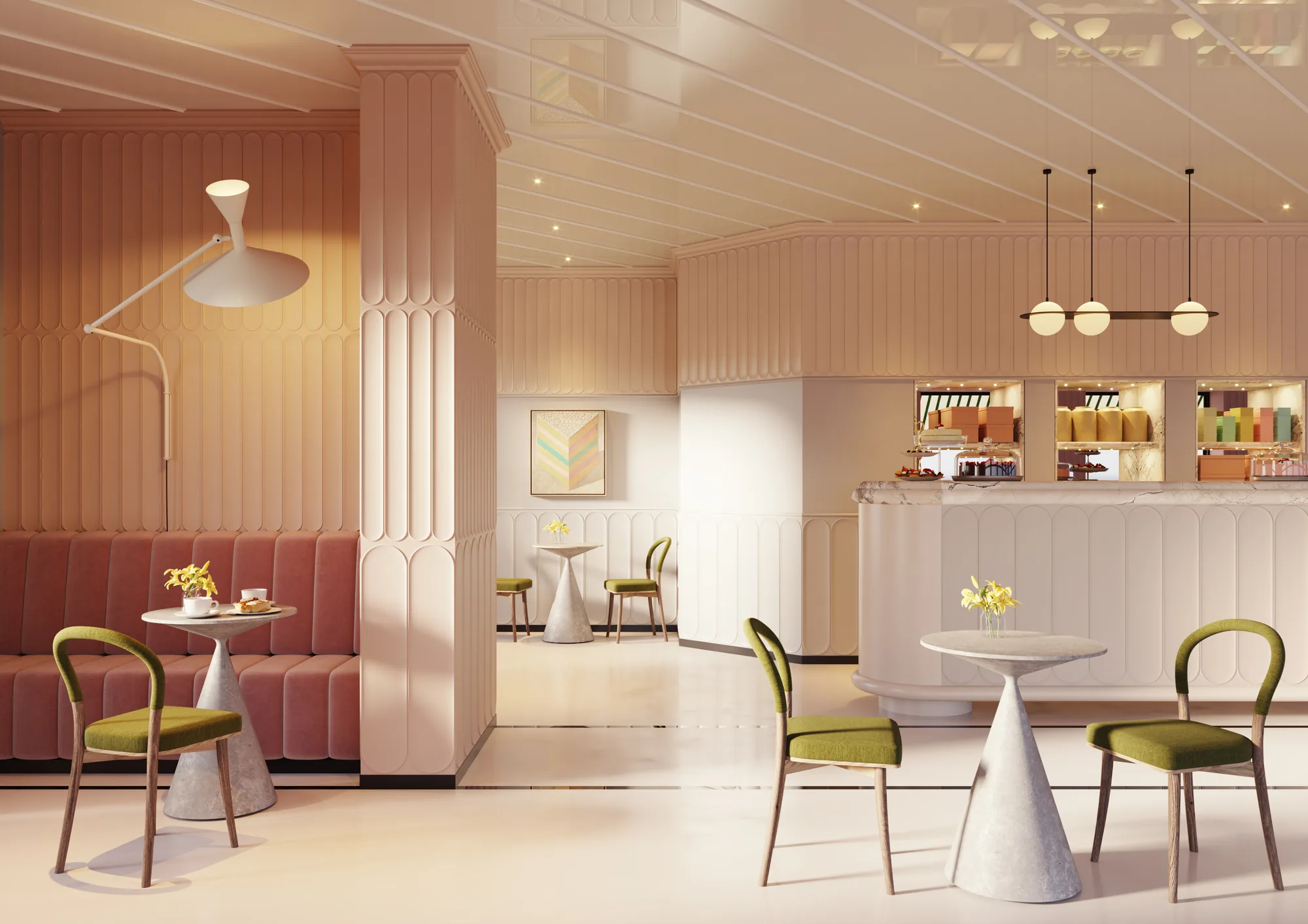 Cafetería con wall panels y molduras
